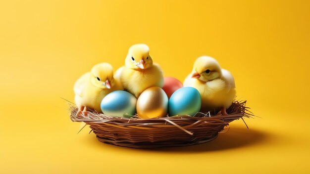 tiny little chickens with easter eggs banner background spring birds fluffy cute chicks poultry