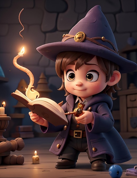 A tiny magicianintraining with a wand and a spellbook ready to cast spells