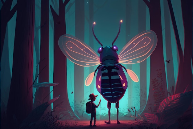 Tiny man directing a large firefly in the forest at night Fantasy concept Illustration painting Generative AI