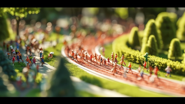 Foto nel parco si sta svolgendo una piccola maratona con corridori in miniatura che corrono intorno alla minuscola