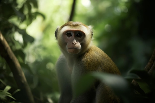 Tiny monkey exploring lush rainforest foliage