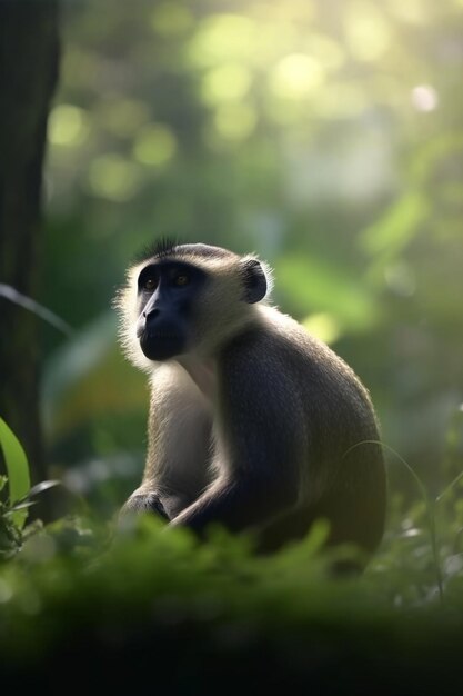 무성한 열대우림을 탐험하는 작은 원숭이