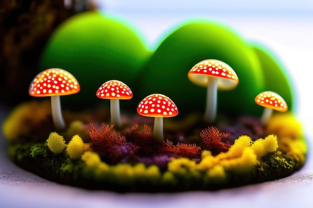 Tiny mushroom patch in a forest Glowing growing fungi Science biology background