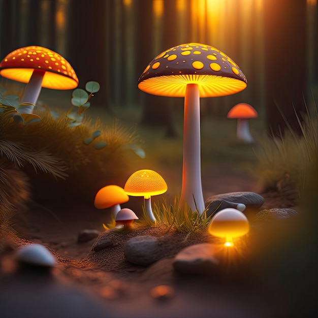 Tiny mushroom patch in a forest glowing growing fungi science biology background