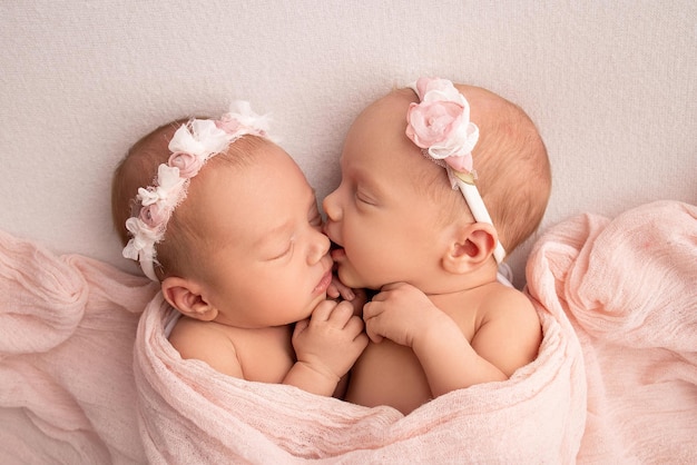 Крошечные новорожденные девочки-близнецы. Новорожденный близнец спит рядом со своей сестрой. Новорожденные девочки-близнецы на фоне розового одеяла с розовыми повязками. Девочки нежно обнимают и целуют свою сестру в милой позе.