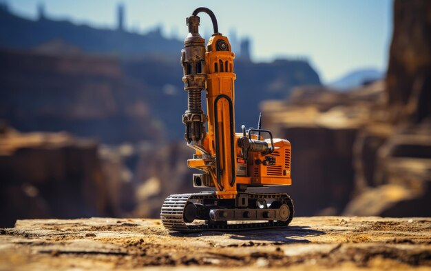 Photo tiny orange and black toy excavator perched on a rocky surface