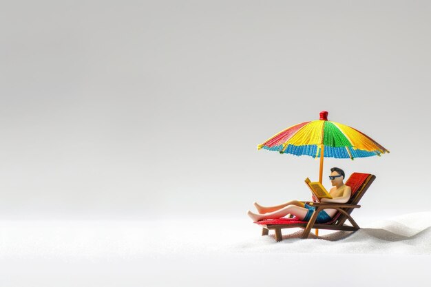 Photo tiny person reading book on recliner chair under beach umbrella