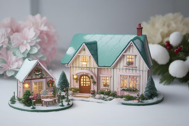 Фото Крошечный домик для кукол из фанеры с золотой блестящей крышей, покрытой искусственным снегом красивый золотой день рождества