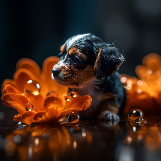 明るいオレンジ色の花の先端でバランスをとっている小さな子犬