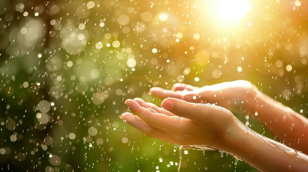 小さな雨の滴は手に優しくタップして落ちます