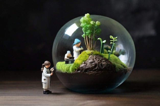Tiny scientists and earth with growing plants ar c