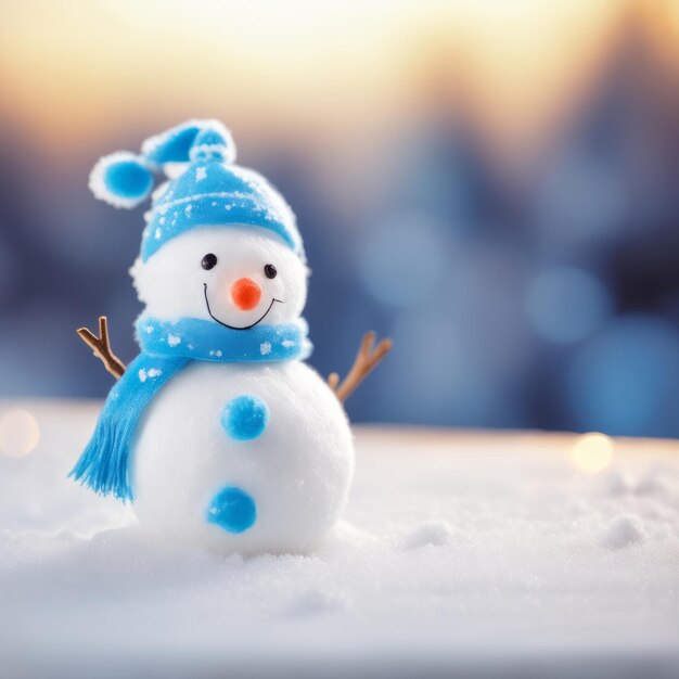 Foto piccolo pupazzo di neve nella neve sfondo natale sfondo albero di natale