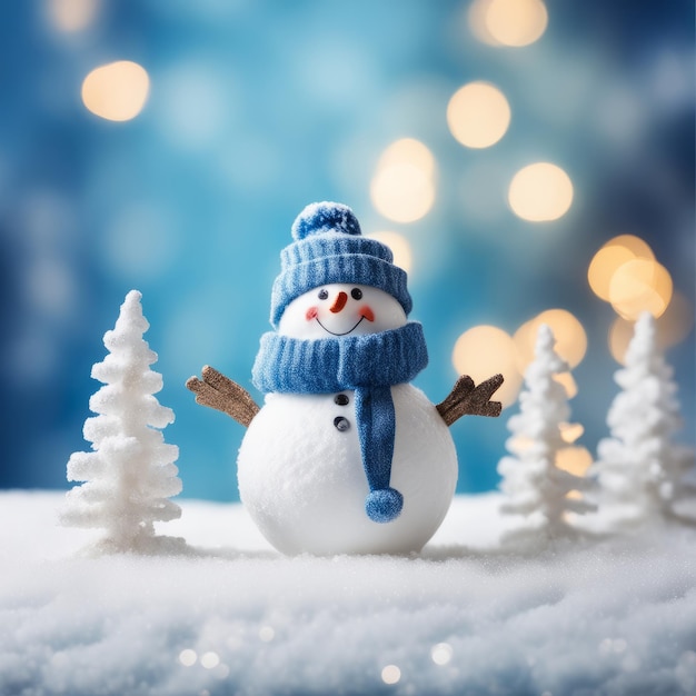 Tiny snowman in snow christmas background christmas tree background