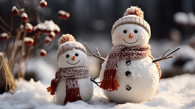 Photo a tiny snowman with carrot nose stick arms and red scarf shallow depth of field christmas holly d