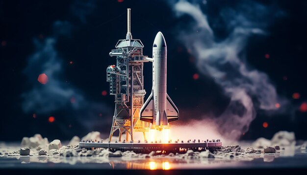 Foto un piccolo diorama di una nave spaziale con effetto di spostamento dell'inclinazione