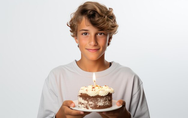 Foto un ragazzino sta tenendo una torta di avocado isolata su uno sfondo bianco