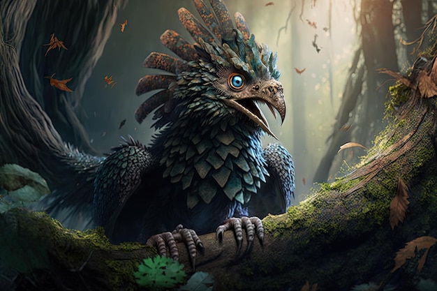 Tiny terrified bird in talons of huge forest dragon created with generative ai