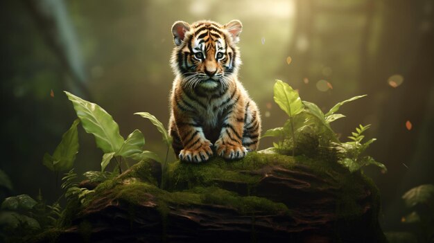 A tiny tiger balancing in the jungle