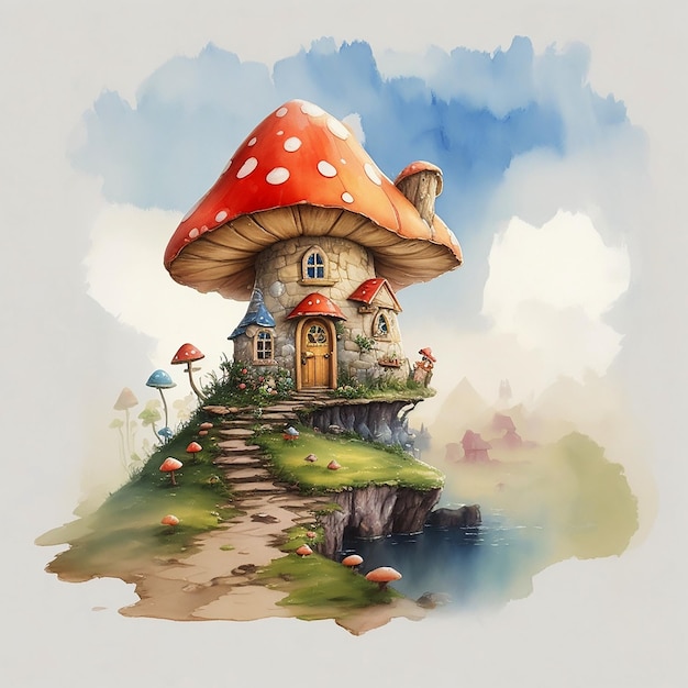 The tiny Toadstool House with the goblin brush strokes of Watercolor painting