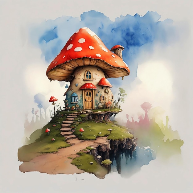 The tiny Toadstool House with the goblin brush strokes of Watercolor painting