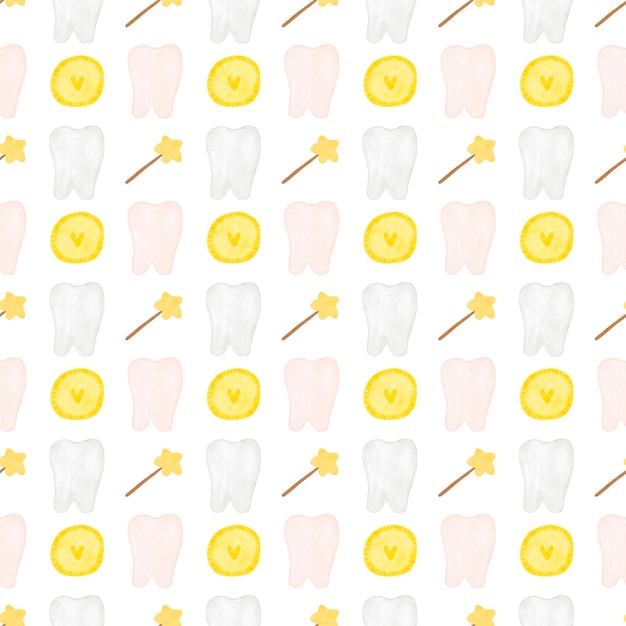 Tiny tooth watercolor pattern Cute cartoon tiny tooth Tooth fairy first tooth pattern Hand drawn watercolor background digital paper