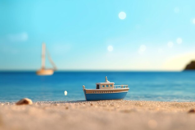 Tiny toy boat resting on the sandy beach AI generated