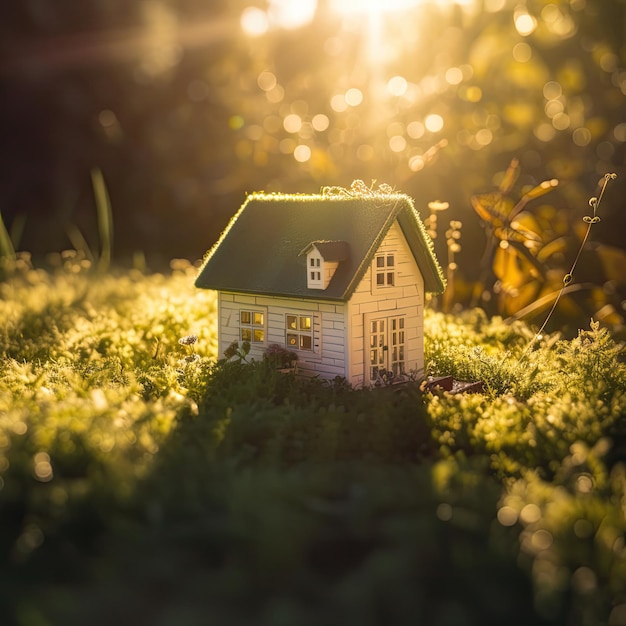 Крошечный игрушечный домик на траве, мирный и спокойный утренний вид
