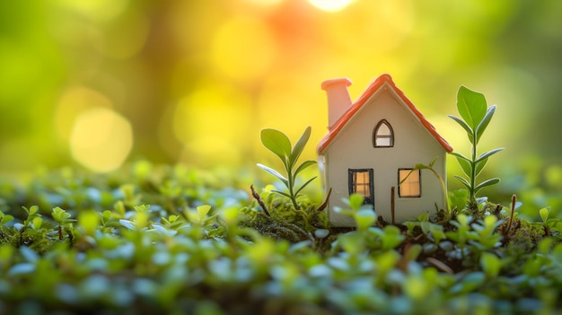 Tiny toy house on spring grass sprouts