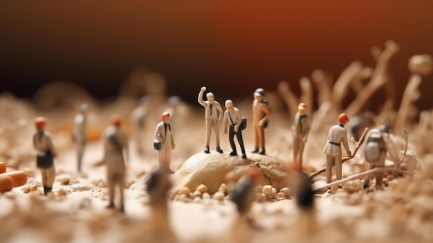 Photo tiny toy people concept miniature detailing figures about real life generated ai