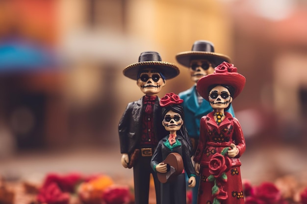 Tiny Traditions Miniature Mexican Skeleton Family Celebrating Day of the Dead in Costume and Hat