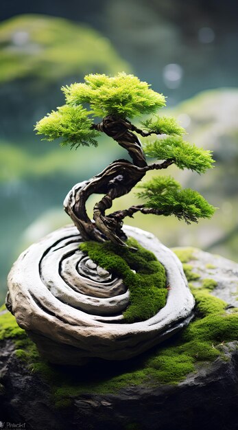 Photo tiny tree in a stone yin yang garden