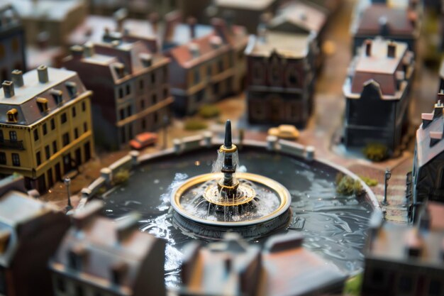 Foto piccolo modello urbano con una fontana in miniatura che funziona al centro