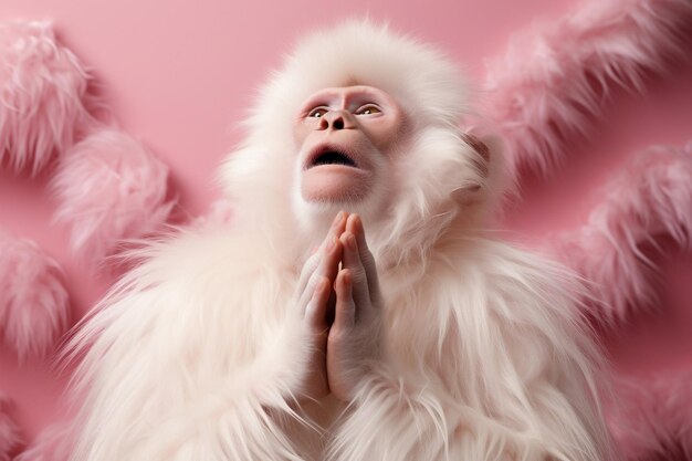 Маленькая белая обезьяна, сидящая на розовой поверхности