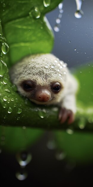 A tiny white sloth on a leaf AI Generated Image