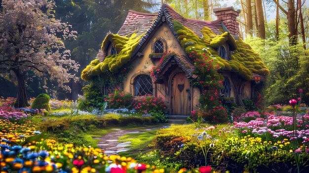 Tiny wooden house overgrown with vegetation ivy spring landscape atmosphere Flowering flowers a symbol of spring new life