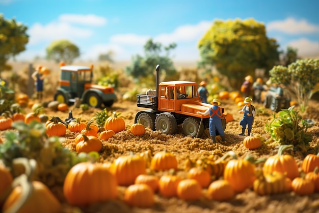 Tiny workers farmers harvest pumpkins in the field