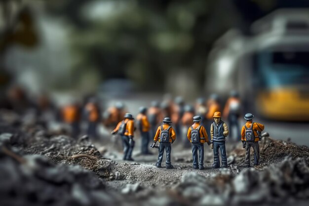 Tiny workers in protective helmets and vests doing earthworks close up Generative AI illustration