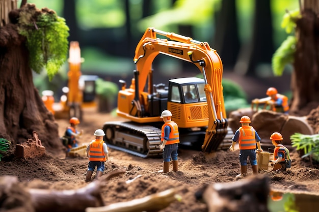 Tiny workers in protective helmets and vests doing earthworks with an excavator