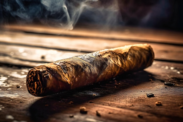 The tip of a cigar is shown against a wooden background