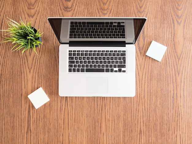 Совет вид письменного стола бизнесмена с ноутбуком и горшком с травой. Изображение Flatlay