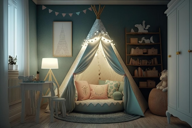 Tipi met licht en lantaarns in de kinderkamer voor een gezellige en betoverde sfeer