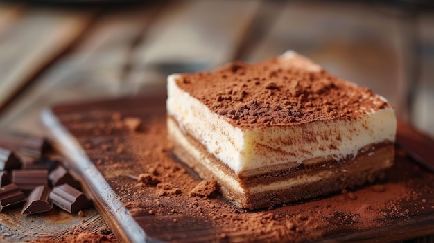Photo tiramisu against a wooden background style raw ar 169 style raw stylize 250 job id 7a0da15dc7c643d7a