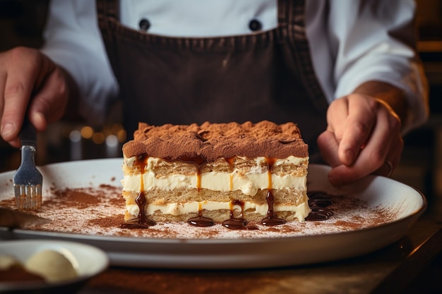 Tiramisu being prepared in a kitchen