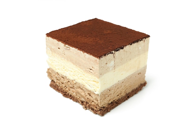 Tiramisu cake isolated on white background close up