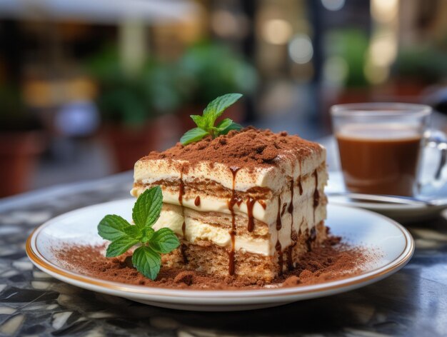 Tiramisu cake on a white plate in a coffee shop