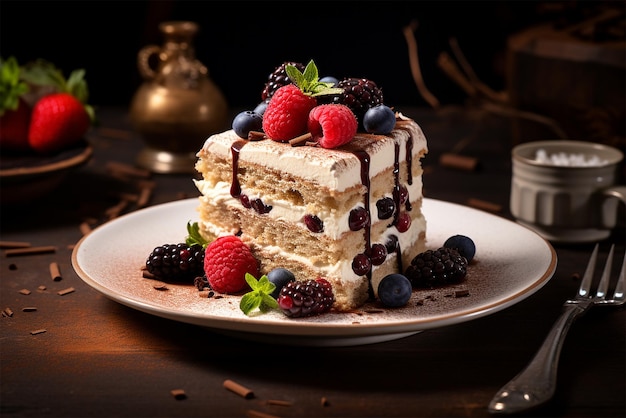 tiramisu cake with berries close up deliccious generated by AI