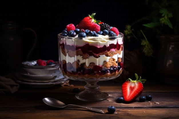Tiramisu cake with berry topping Traditional Italian dessert on table