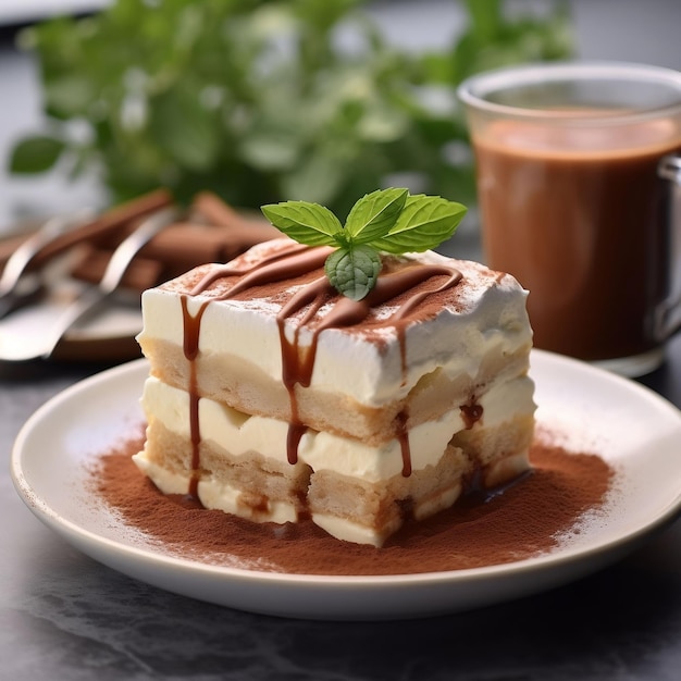 Tiramisu cake with chocolate and flowers on black background