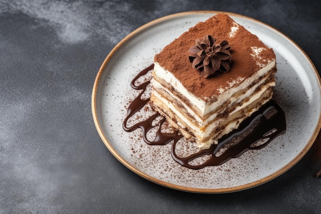 Tiramisu cake with chocolate on a plate top view on a grey stone