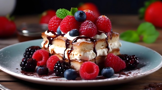 Tiramisu cake with fresh berries and mint